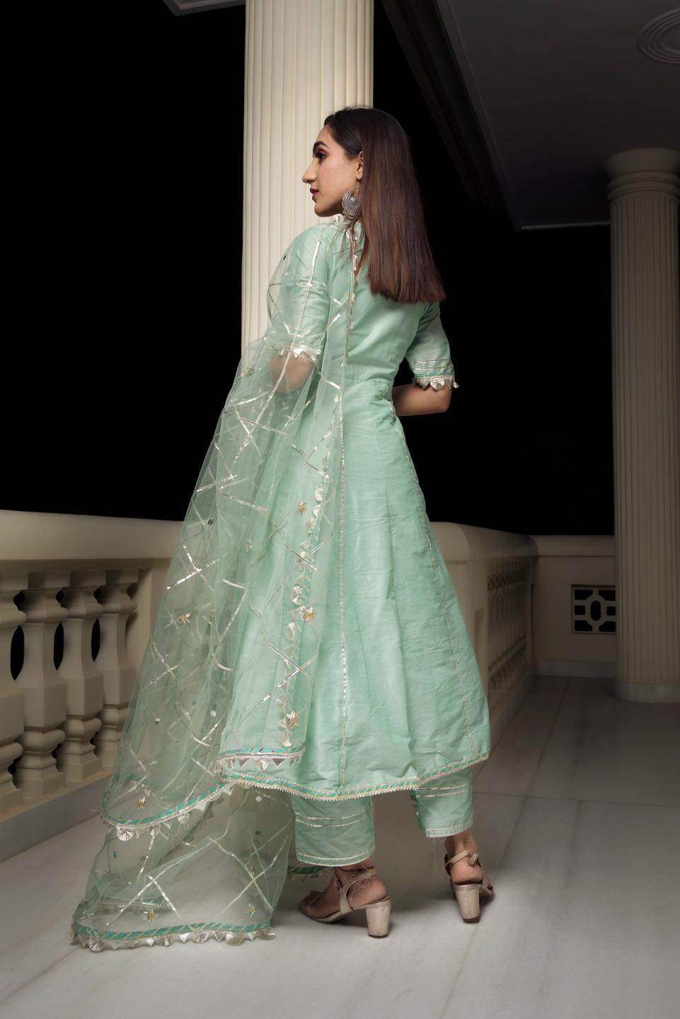 gotta-jaal-cotton-silk-mint-green-anarkali-11403181GR, Women Indian Ethnic Clothing, Cotton Silk Kurta Set Dupatta