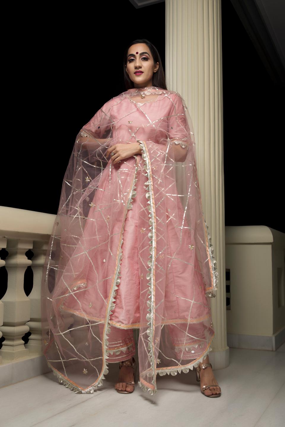 gotta-jaal-cotton-silk-peach-anarkali-11403183PC, Women Indian Ethnic Clothing, Cotton Silk Kurta Set Dupatta