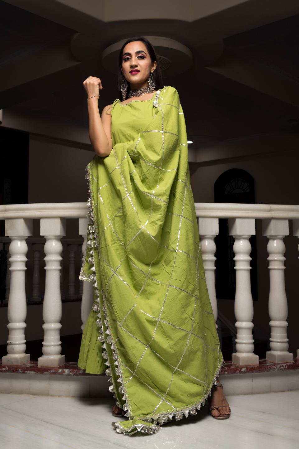 gotta-jaal-green-cotton-sharara-set-11403186GR, Women Indian Ethnic Clothing, Cotton Kurta Set Dupatta