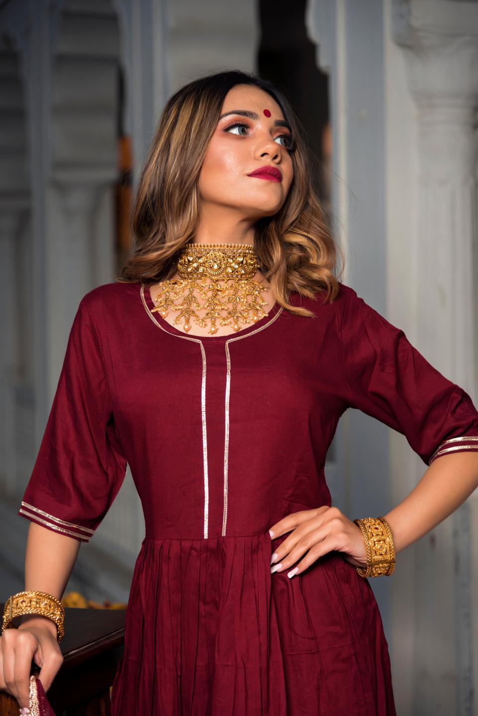 gotta-jaal-maroon-cotton-anarkali-11403191MR, Women Indian Ethnic Clothing, Cotton Kurta Set Dupatta