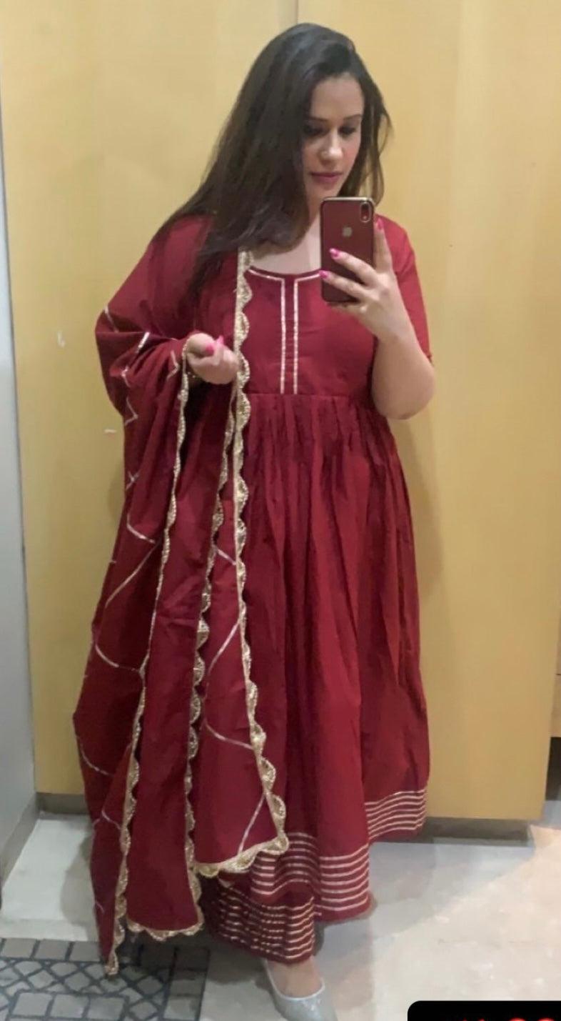 gotta-jaal-maroon-cotton-anarkali-11403191MR, Women Indian Ethnic Clothing, Cotton Kurta Set Dupatta