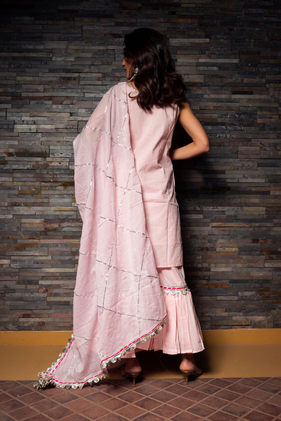 gotta-jaal-pink-cotton-kurta-sharara-set-11403192PK, Women Indian Ethnic Clothing, Cotton Kurta Set Dupatta