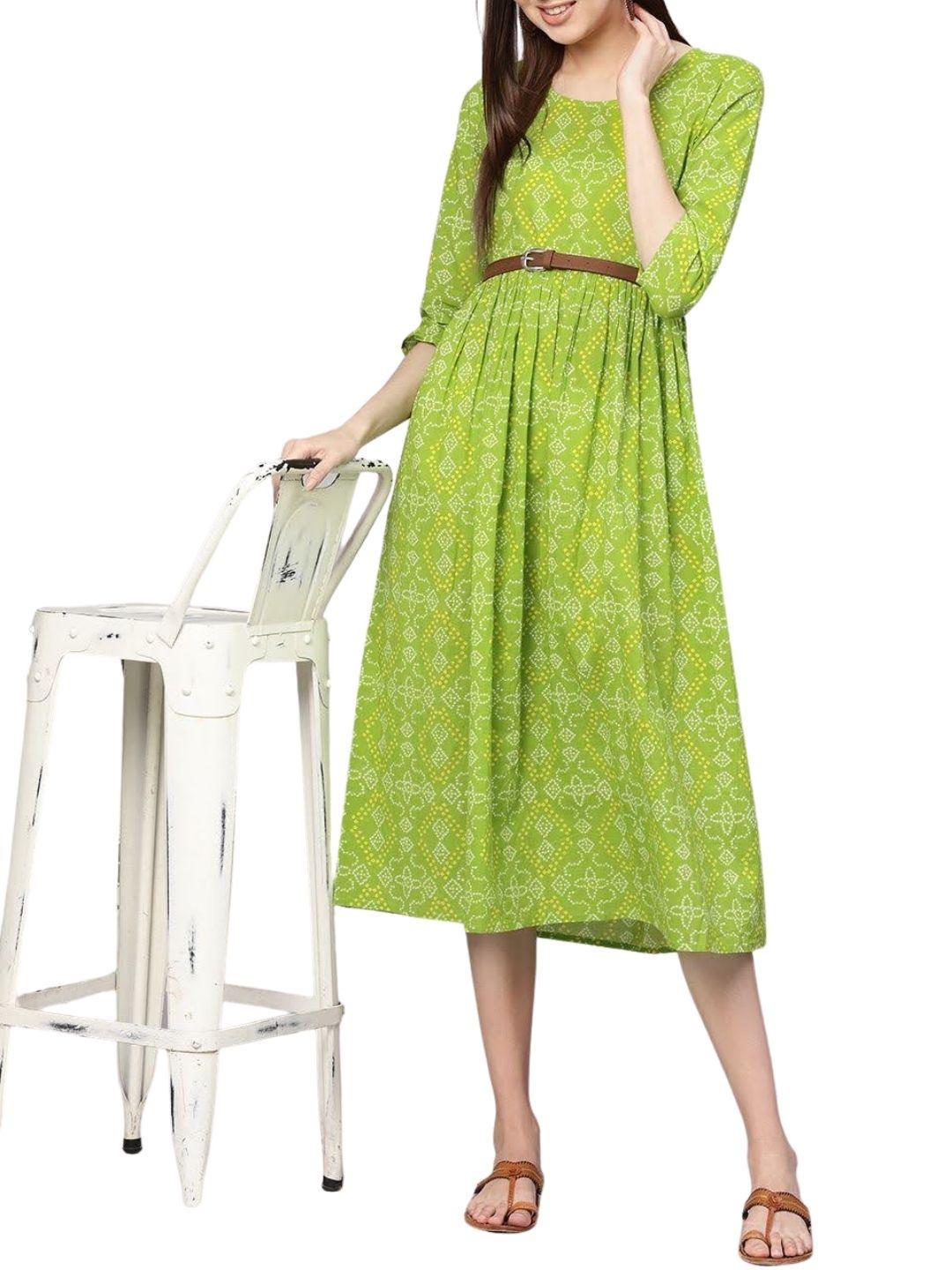 green-bandhej-printed-midi-gathered-dress-10204015GR, Women Indian Ethnic Clothing, Cotton Dress