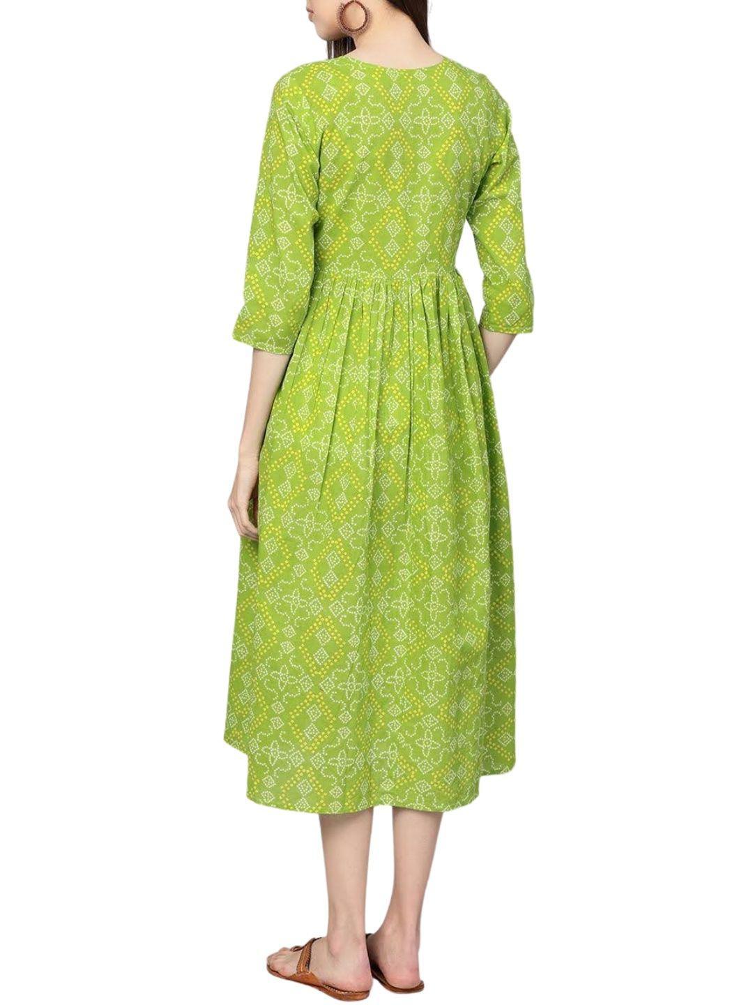 green-bandhej-printed-midi-gathered-dress-10204015GR, Women Indian Ethnic Clothing, Cotton Dress