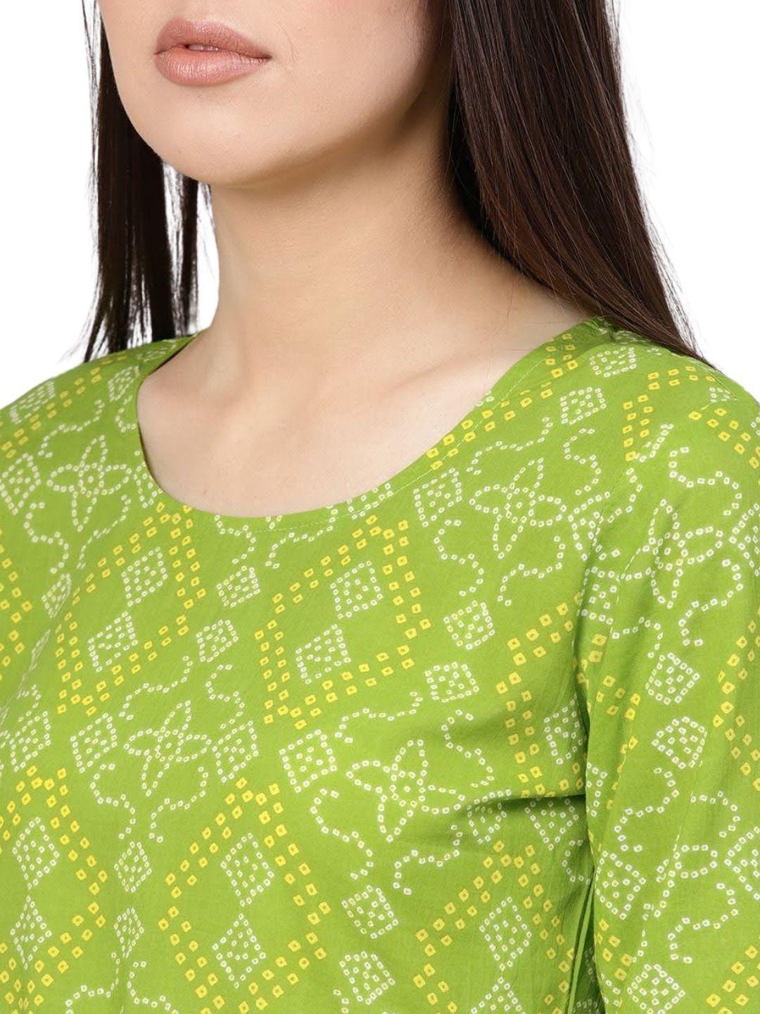 green-bandhej-printed-midi-gathered-dress-10204015GR, Women Indian Ethnic Clothing, Cotton Dress
