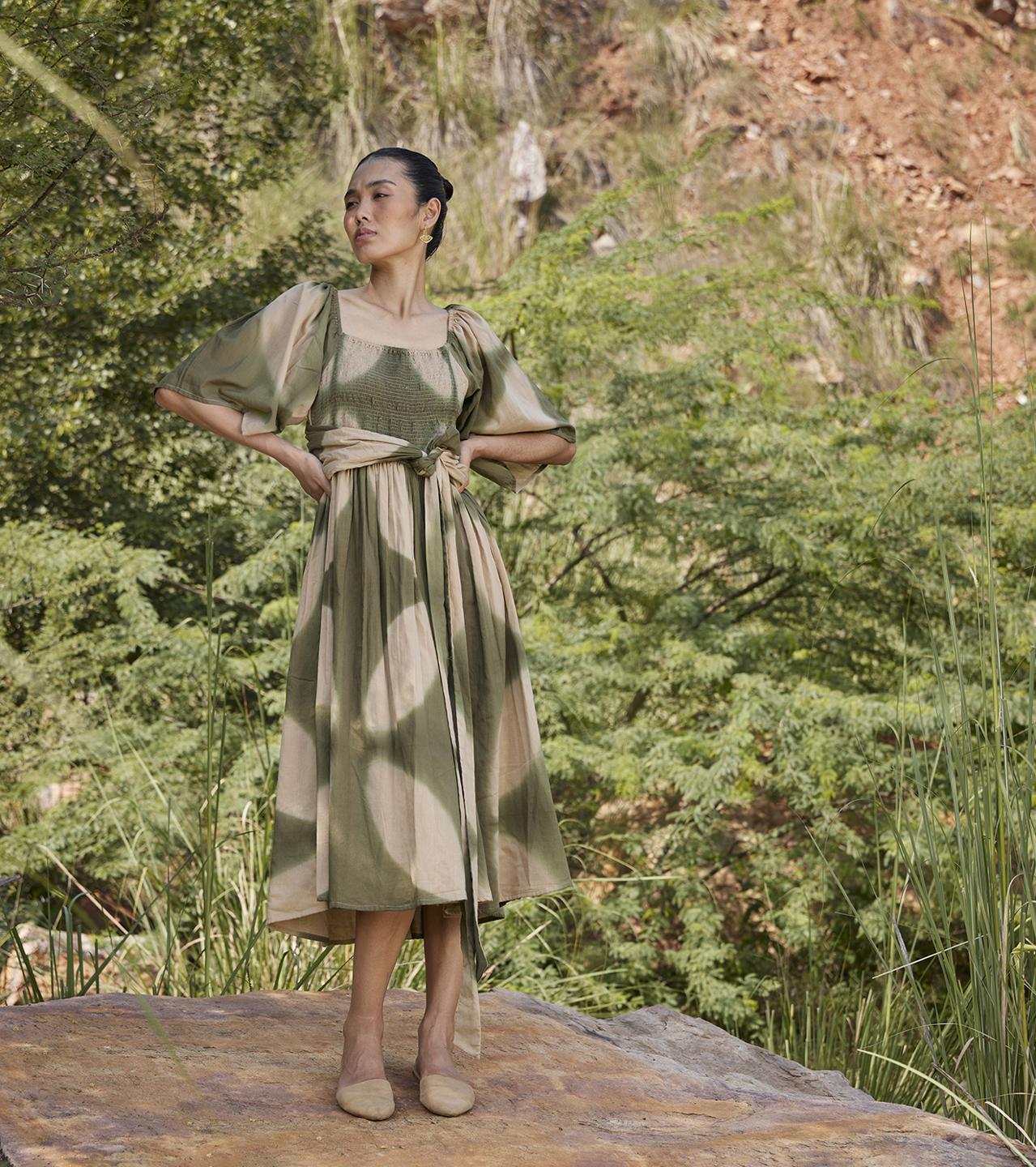 green-beige-cotton-midi-dress-11904022GR, Women Clothing, Cotton Dress