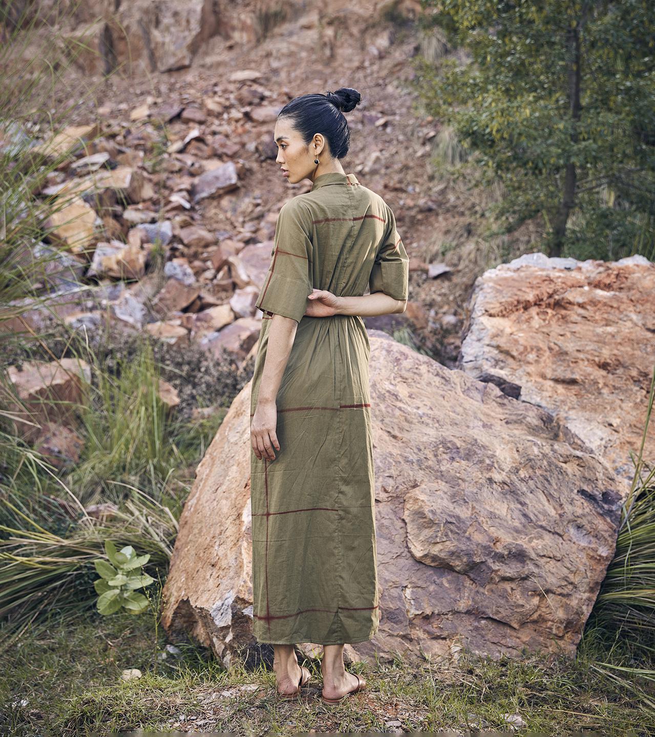green-beige-cotton-wrap-dress-11904024GR, Women Clothing, Cotton Dress