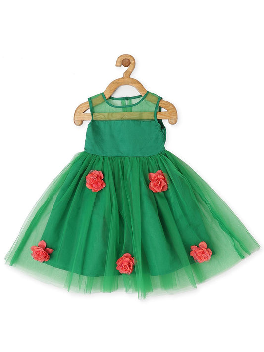 green-dress-embellished-with-flowers-10510095GR, Kids Clothing, Net Girl Dress