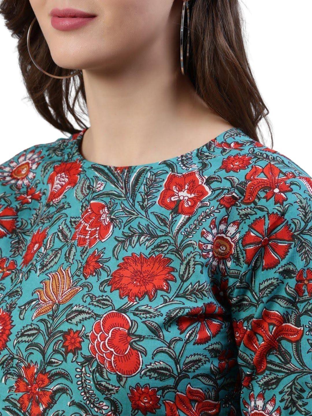 green-floral-a-line-midi-dress-10204107GR, Women Clothing, Cotton Dress