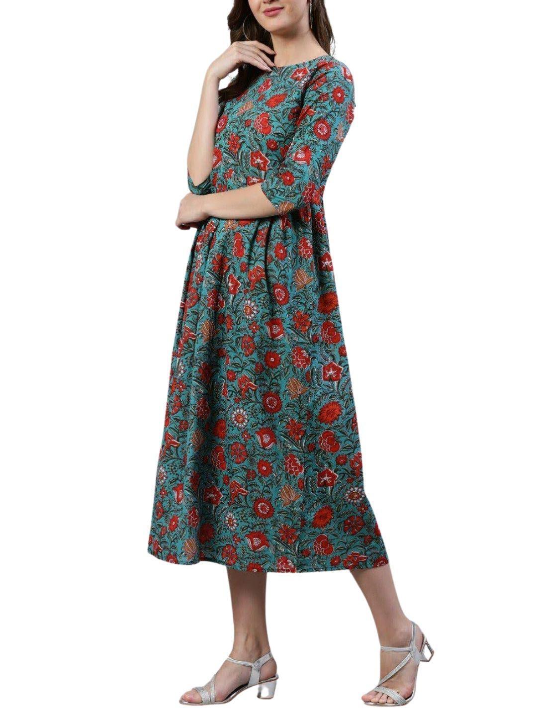 green-floral-a-line-midi-dress-10204107GR, Women Clothing, Cotton Dress