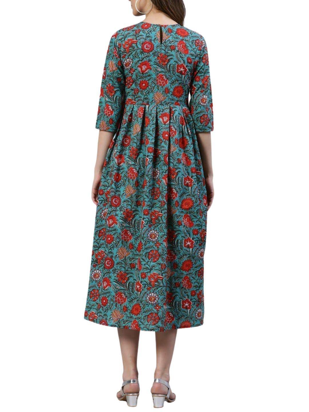 green-floral-a-line-midi-dress-10204107GR, Women Clothing, Cotton Dress