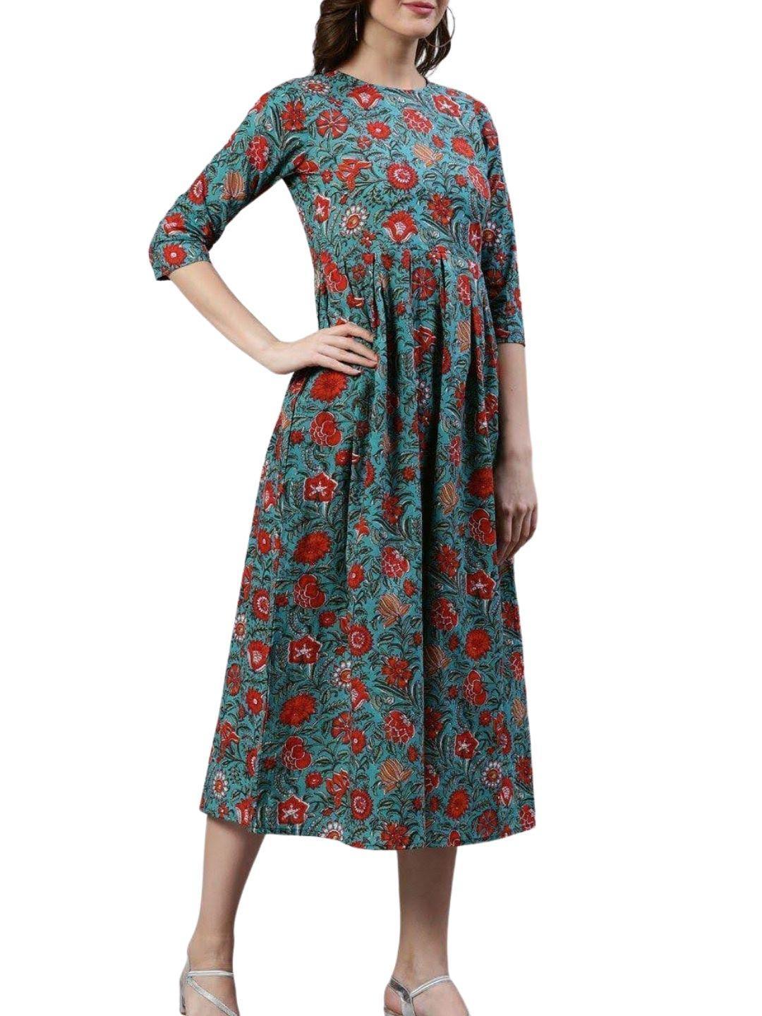 green-floral-a-line-midi-dress-10204107GR, Women Clothing, Cotton Dress
