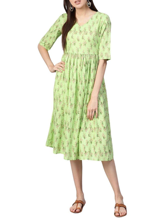 green-floral-printed-midi-gathered-dress-10204014GR, Women Indian Ethnic Clothing, Cotton Dress