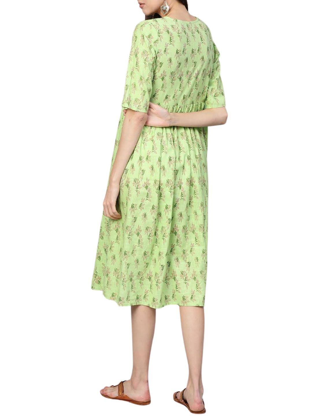 green-floral-printed-midi-gathered-dress-10204014GR, Women Indian Ethnic Clothing, Cotton Dress