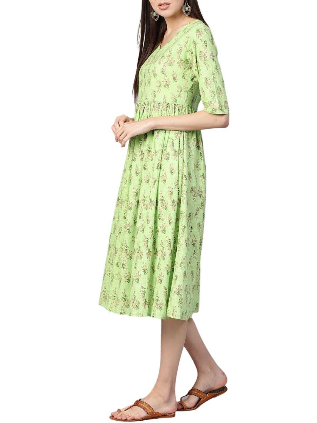 green-floral-printed-midi-gathered-dress-10204014GR, Women Indian Ethnic Clothing, Cotton Dress