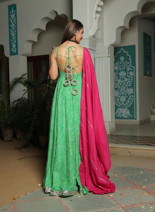 green-lehriya-anarkali-dress-with-hot-pink-dupatta-11703068GR, Women Indian Ethnic Clothing, Cotton Kurta Set Dupatta
