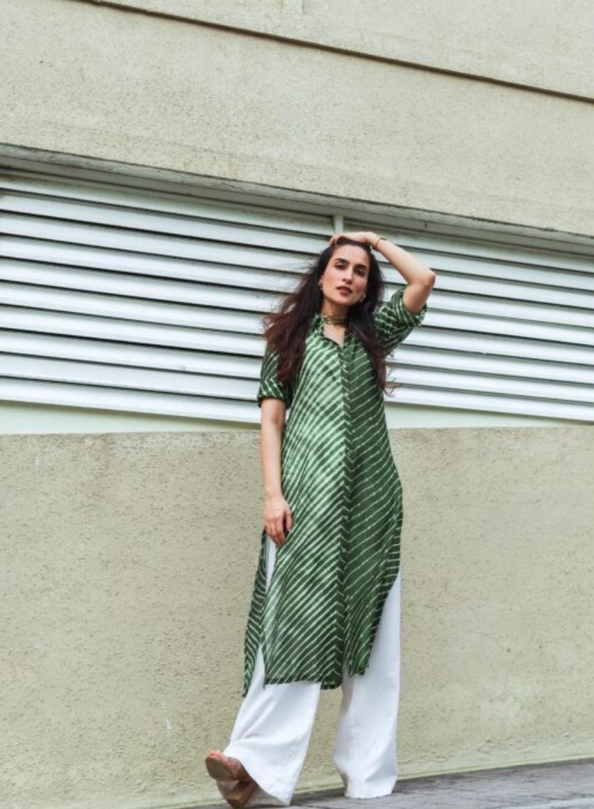 green-lehriya-with-pants-11602049GR, Women Indian Ethnic Clothing, Cotton Silk Kurta Set