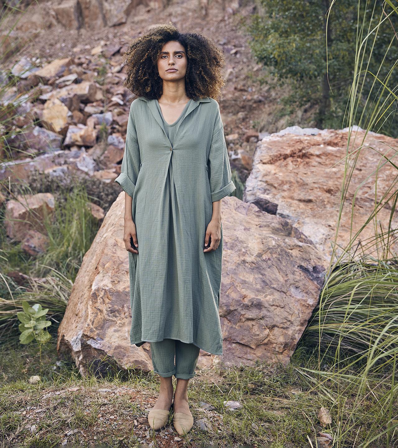 green-long-tunic-trouser-co-ord-set-11940029GR, Women Clothing, Cotton Matching Set