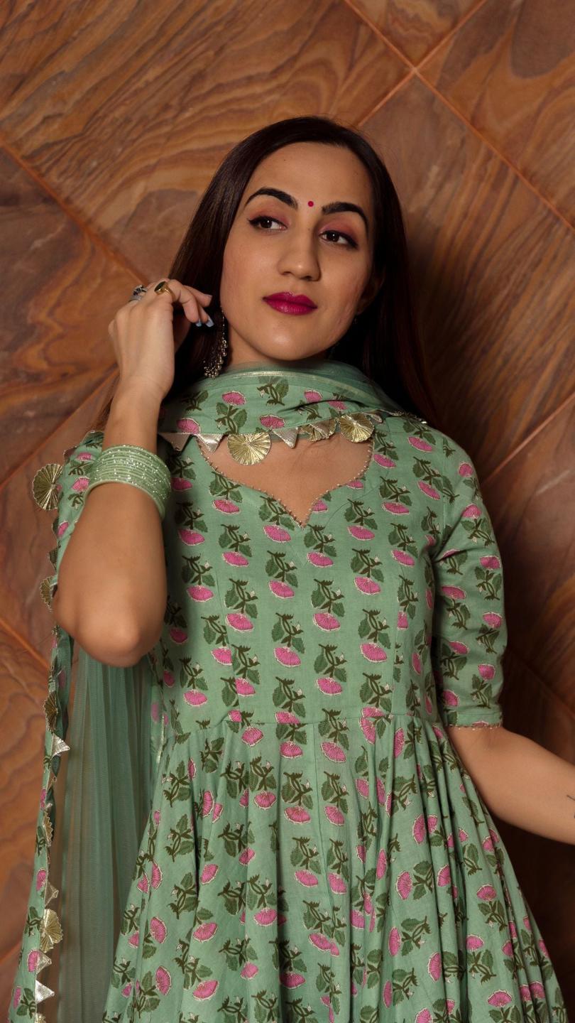 green-paisely-cotton-hand-block-anarkali-set-11403225GR, Women Indian Ethnic Clothing, Cotton Kurta Set Dupatta