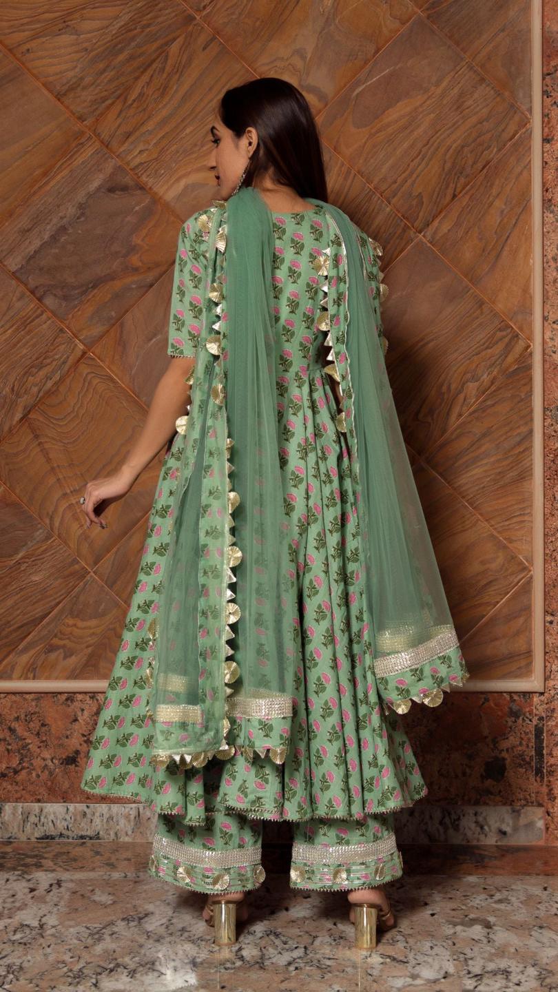 green-paisely-cotton-hand-block-anarkali-set-11403225GR, Women Indian Ethnic Clothing, Cotton Kurta Set Dupatta