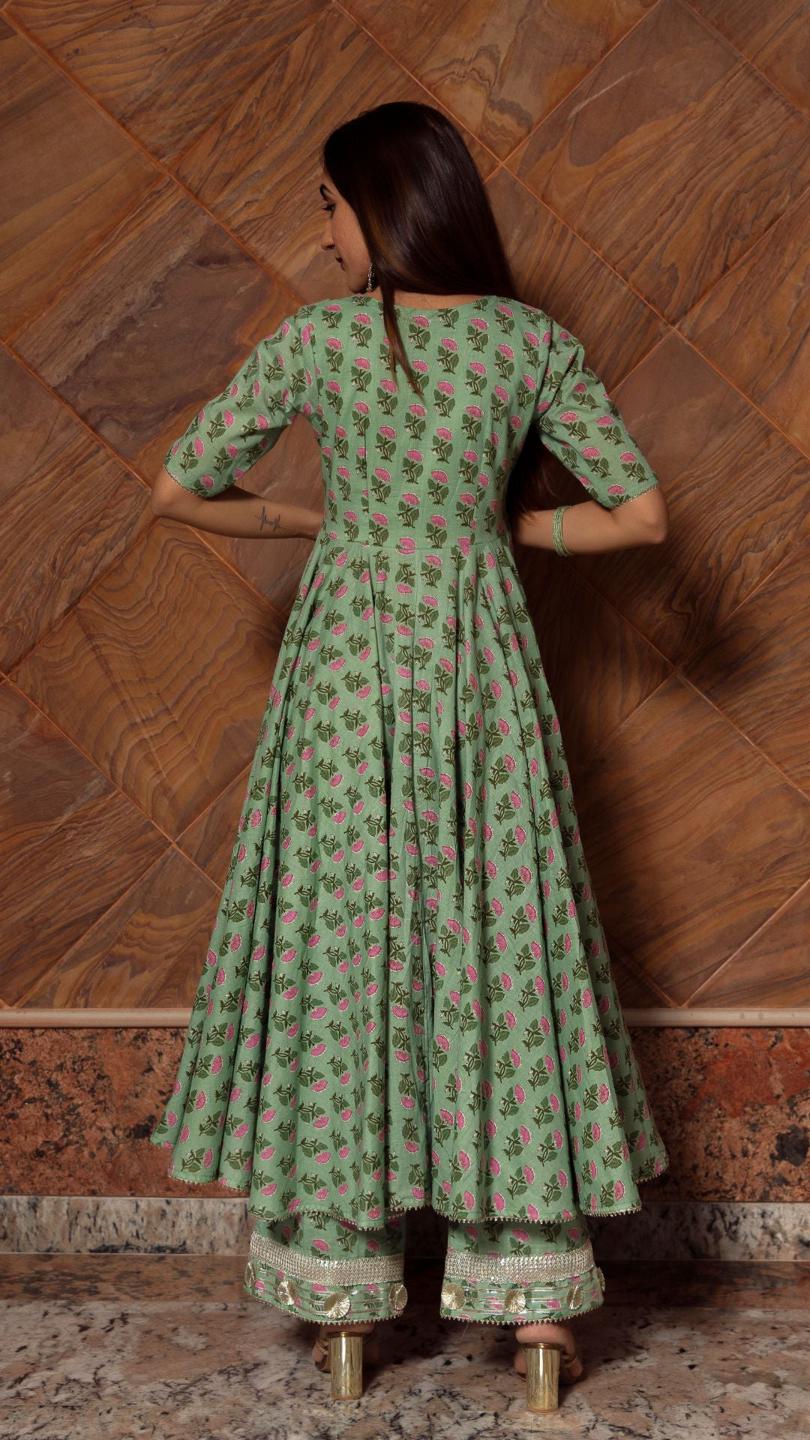 green-paisely-cotton-hand-block-anarkali-set-11403225GR, Women Indian Ethnic Clothing, Cotton Kurta Set Dupatta