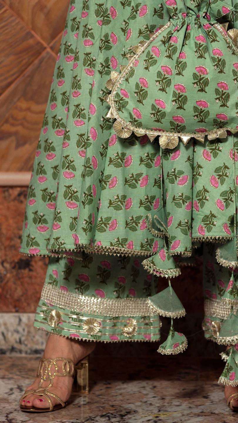 green-paisely-cotton-hand-block-anarkali-set-11403225GR, Women Indian Ethnic Clothing, Cotton Kurta Set Dupatta