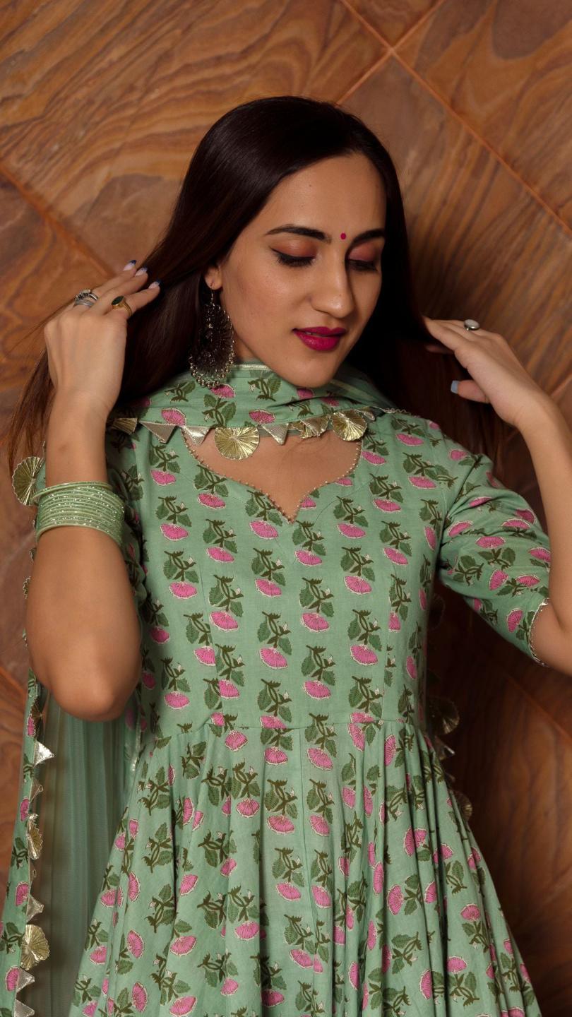 green-paisely-cotton-hand-block-anarkali-set-11403225GR, Women Indian Ethnic Clothing, Cotton Kurta Set Dupatta