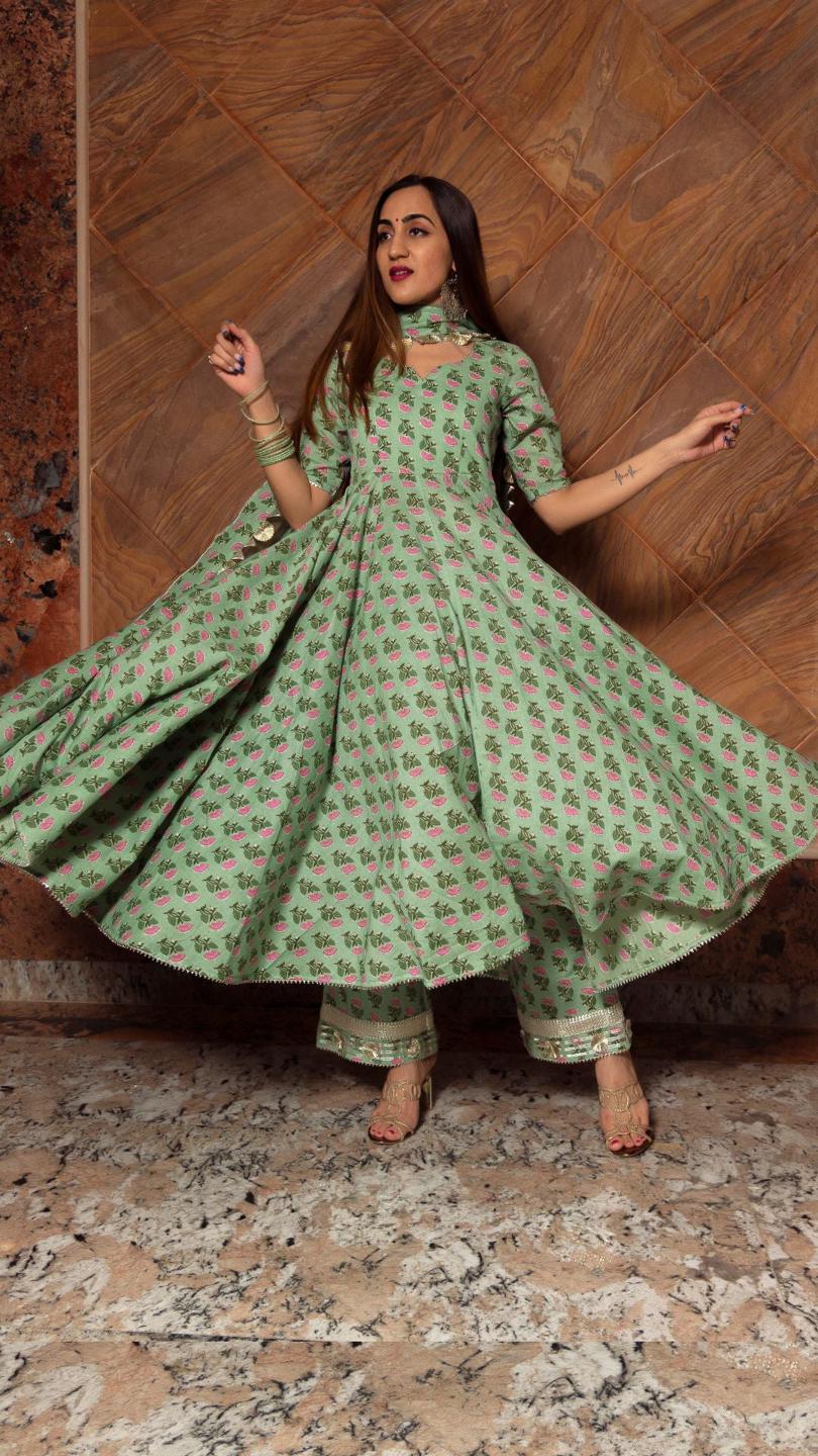 green-paisely-cotton-hand-block-anarkali-set-11403225GR, Women Indian Ethnic Clothing, Cotton Kurta Set Dupatta