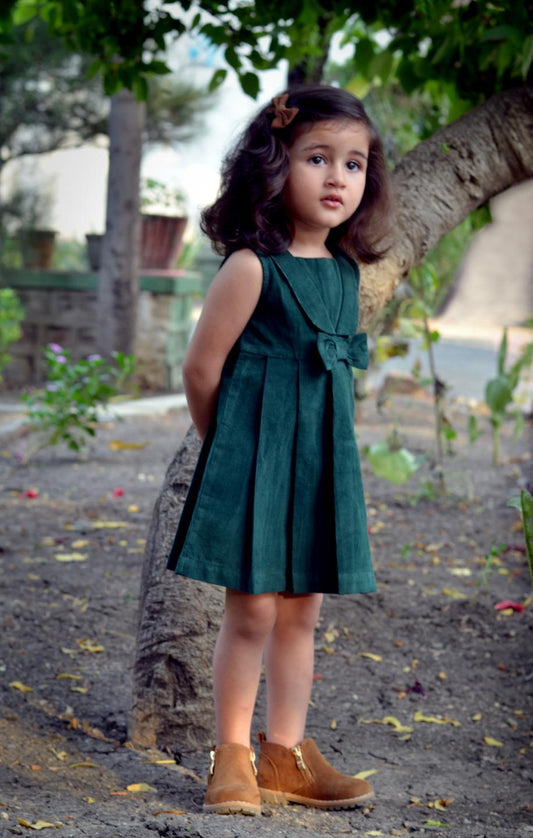 green-plated-dress-with-cute-attached-bow-corduroy-bow-dress-10510017GR, Kids Clothing, Corduroy Girl Dress