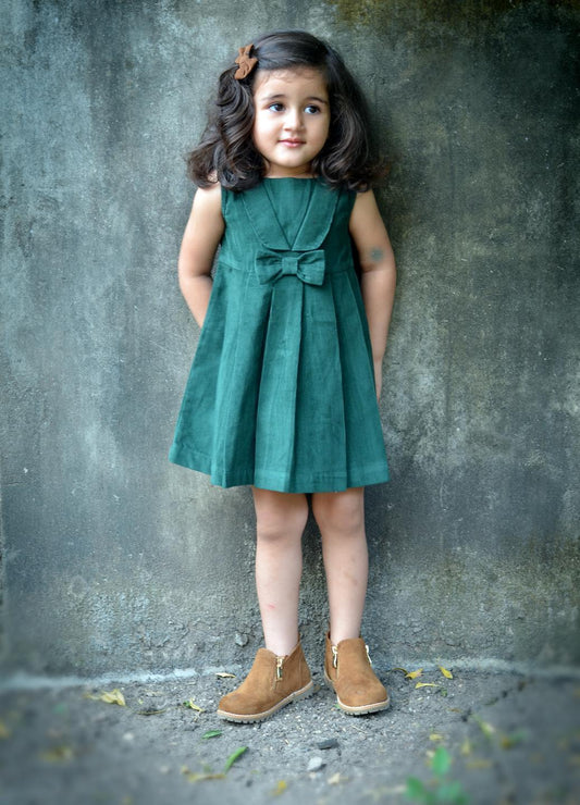 green-plated-dress-with-cute-attached-bow-corduroy-bow-dress-10510017GR, Kids Clothing, Corduroy Girl Dress