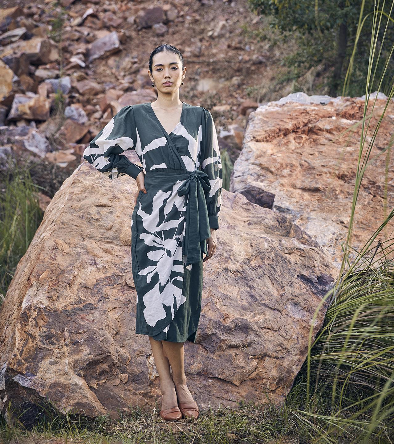 green-white-printed-cotton-midi-dress-with-side-pockets-11904025GR, Women Clothing, Cotton Dress