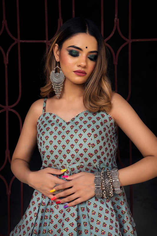 grey-hand-block-a-line-kurta-palazzo-11440200GY, Women Clothing, Cotton Matching Set