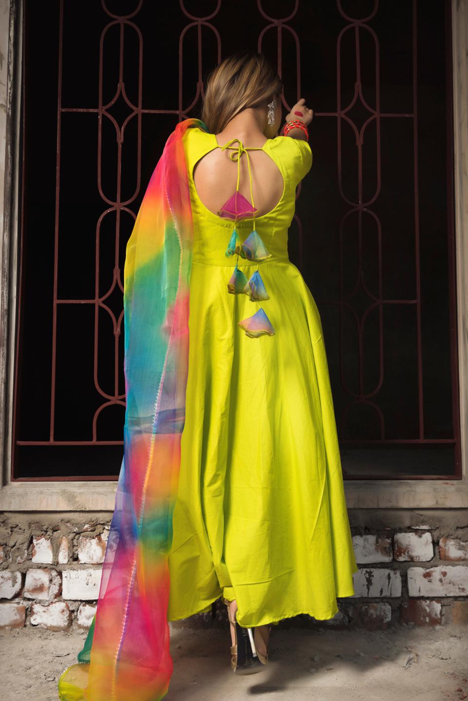 gulaal-green-pure-cotton-anarkali-set-11403196GR, Women Indian Ethnic Clothing, Cotton Kurta Set Dupatta