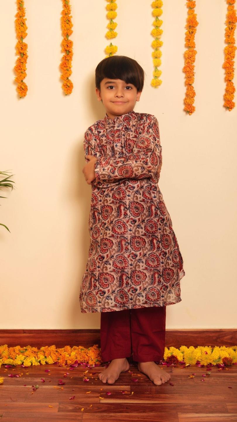 gulbagh-kurta-pant-set-11420023BR, Kids Indian Ethnic Clothing, Organza Boy Kurta Pajama Set