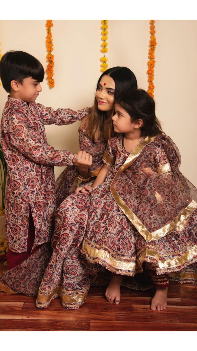 gulbagh-kurta-pant-set-11420023BR, Kids Indian Ethnic Clothing, Organza Boy Kurta Pajama Set