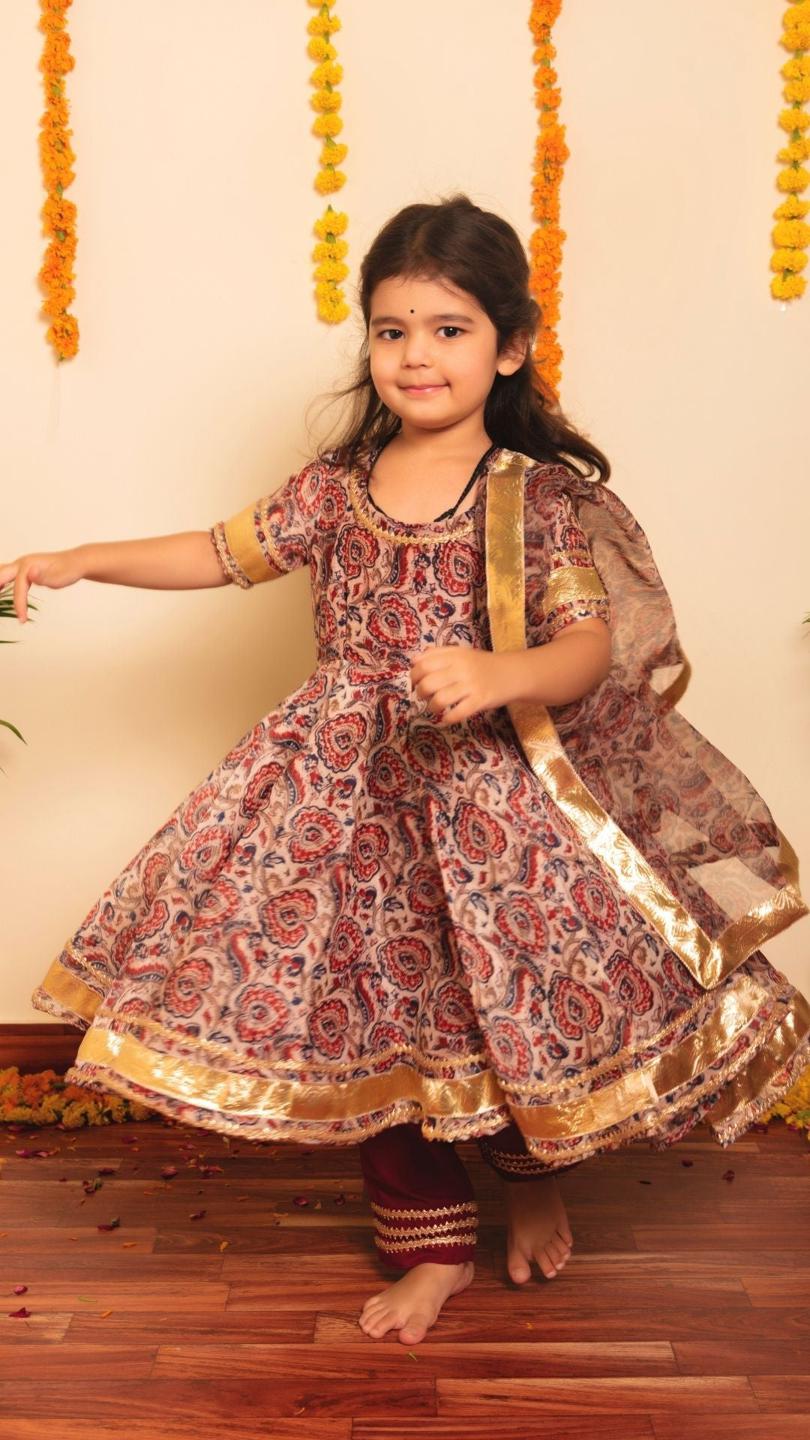 gulbagh-organza-anarkali-set-11434022BR, Kids Indian Ethnic Clothing, Cotton Girl Kurta Set