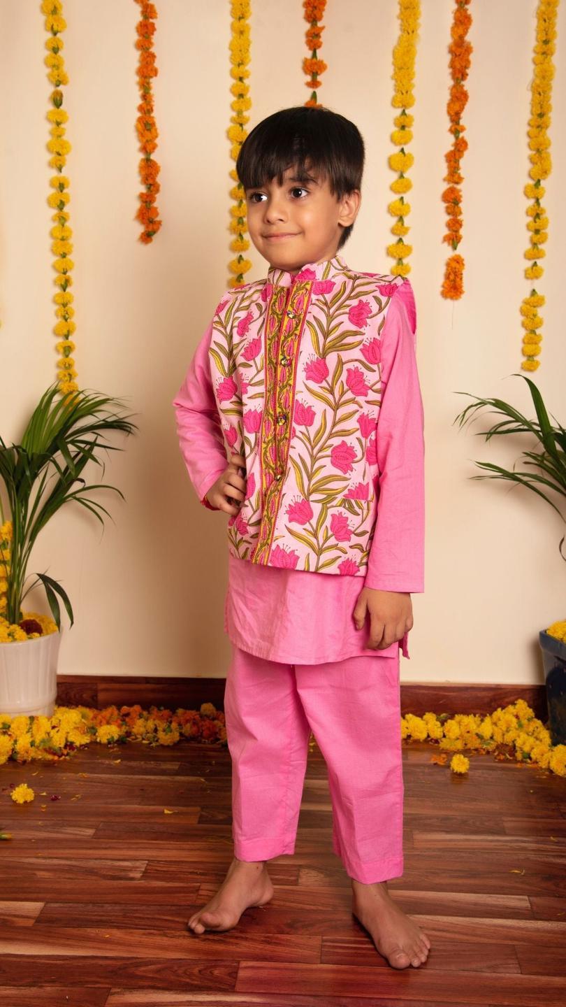 gulbhar-kurta-jacket-set-11438033GR, Kids Indian Ethnic Clothing, Cotton Boy Kurta Jacket Set