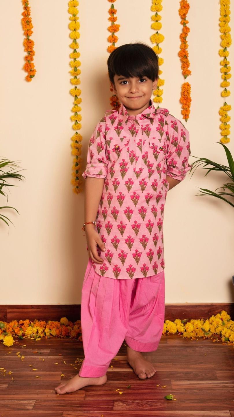 gulbhar-pink-hand-block-kurta-set-11420025PK, Kids Indian Ethnic Clothing, Cotton Boy Kurta Pajama Set