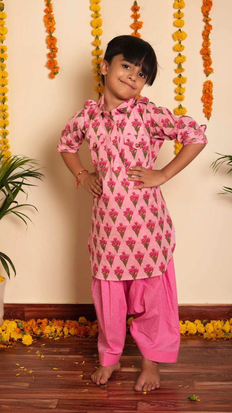 gulbhar-pink-hand-block-kurta-set-11420025PK, Kids Indian Ethnic Clothing, Cotton Boy Kurta Pajama Set
