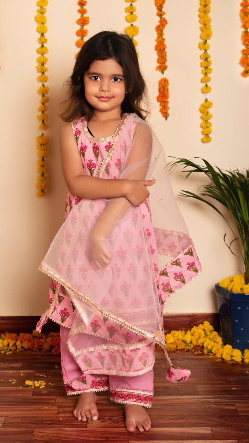 gulbhar-pink-hand-block-kurta-set-11434024PK, Kids Indian Ethnic Clothing, Cotton Girl Kurta Set