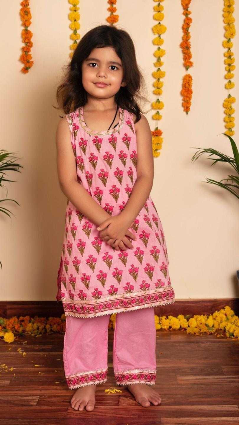gulbhar-pink-hand-block-kurta-set-11434024PK, Kids Indian Ethnic Clothing, Cotton Girl Kurta Set
