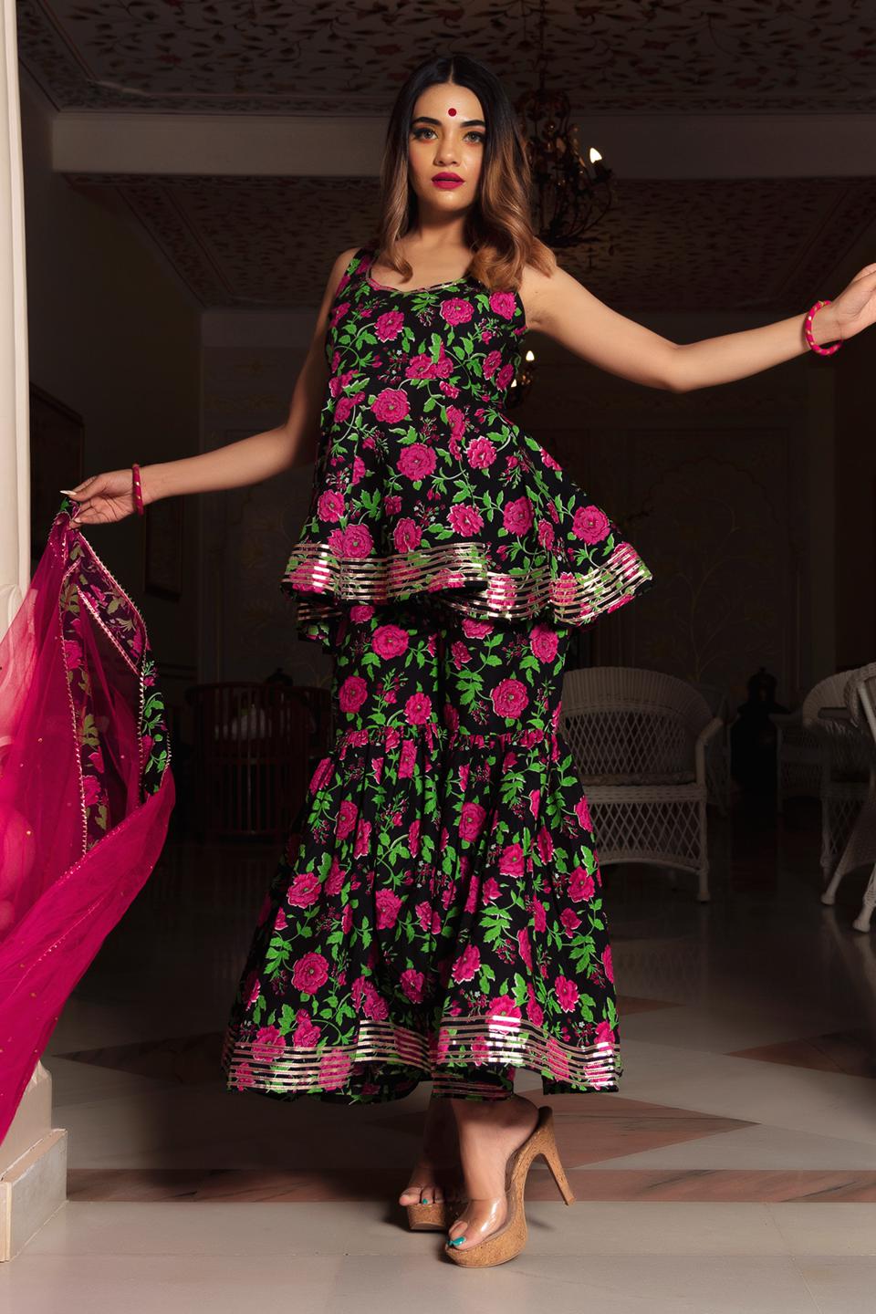 gulmohar-cotton-hand-block-sharara-set-11403209BK, Women Indian Ethnic Clothing, Cotton Kurta Set Dupatta