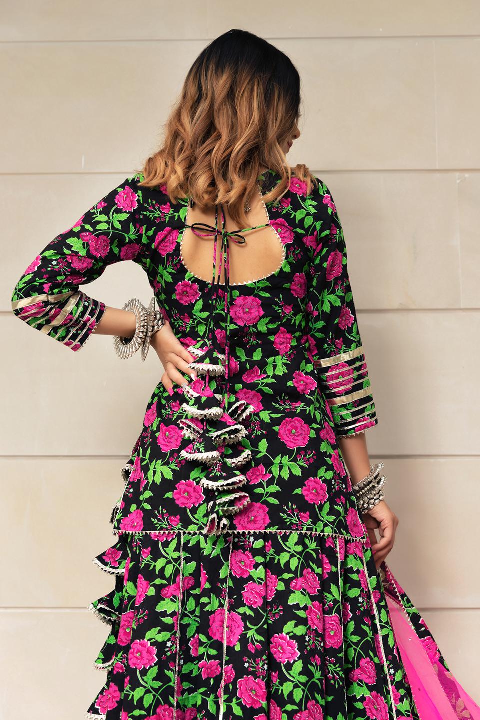 gulmohar-cotton-hand-block-skirt-set-11403208BK, Women Indian Ethnic Clothing, Cotton Kurta Set Dupatta