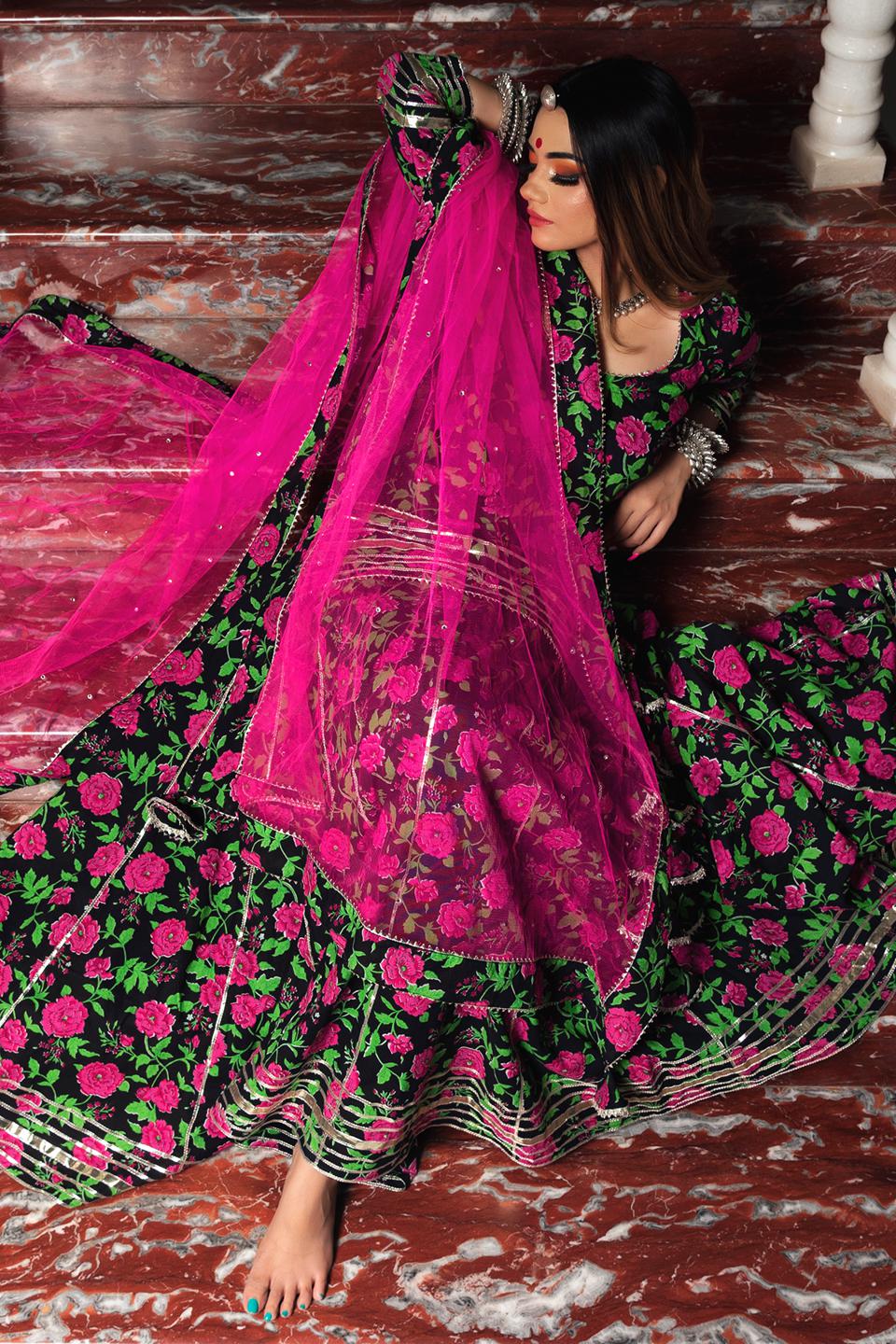 gulmohar-cotton-hand-block-skirt-set-11403208BK, Women Indian Ethnic Clothing, Cotton Kurta Set Dupatta