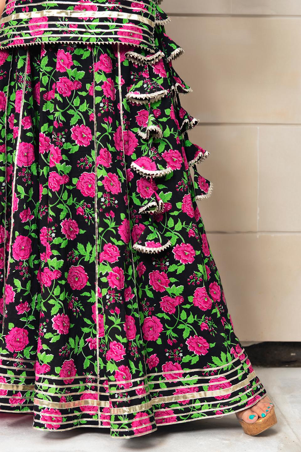 gulmohar-cotton-hand-block-skirt-set-11403208BK, Women Indian Ethnic Clothing, Cotton Kurta Set Dupatta