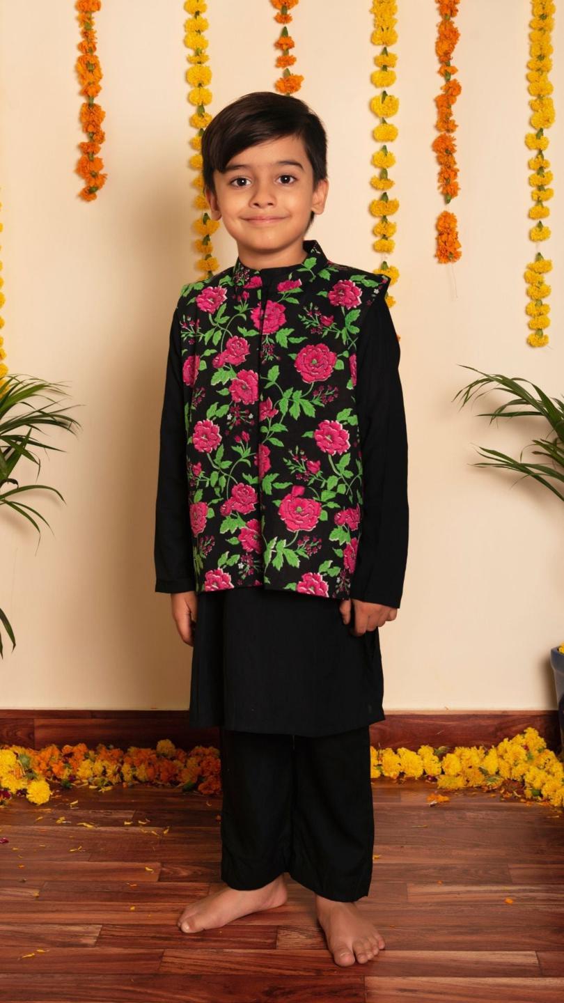 gulmohar-hand-block-kurta-jacket-set-11438027BK, Kids Indian Ethnic Clothing, Rayon Boy Kurta Jacket Set