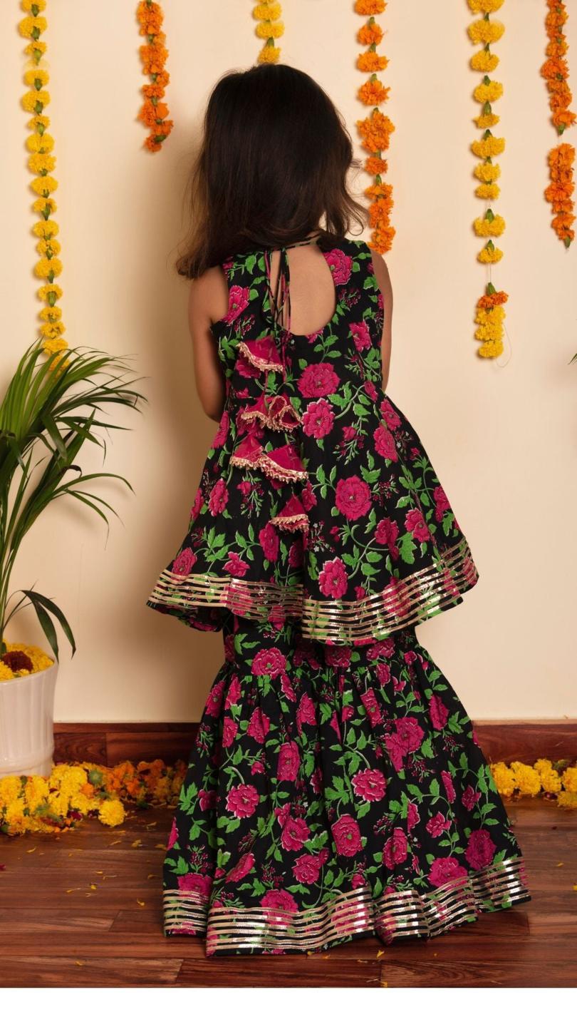 gulmohar-hand-block-sharara-set-11434026BK, Kids Indian Ethnic Clothing, Cotton Girl Kurta Set