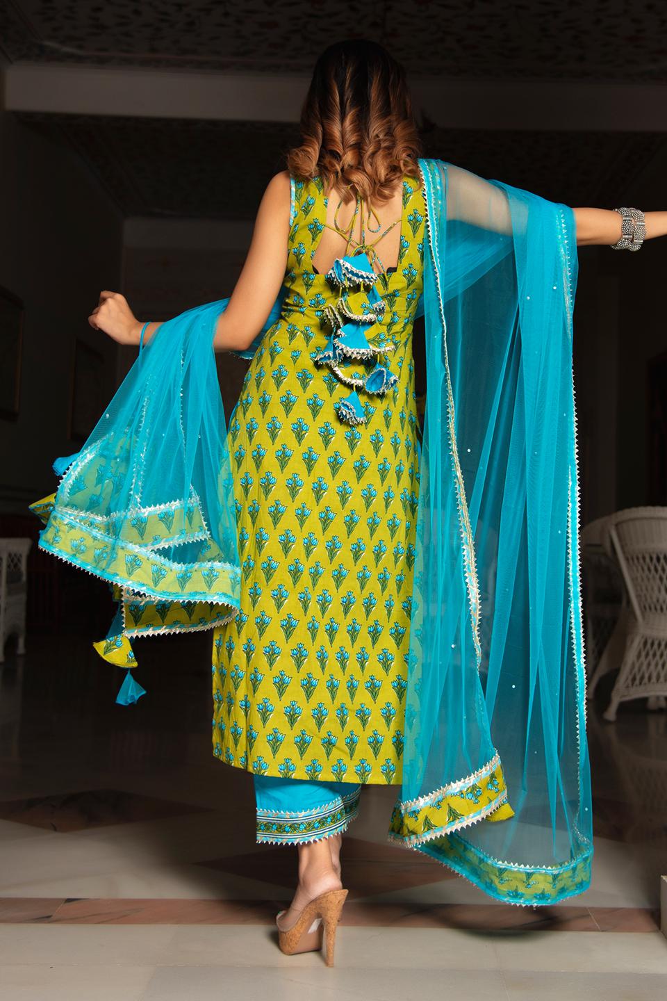 gulzar-blue-hand-block-cotton-suit-set-11403210GR, Women Indian Ethnic Clothing, Cotton Kurta Set Dupatta