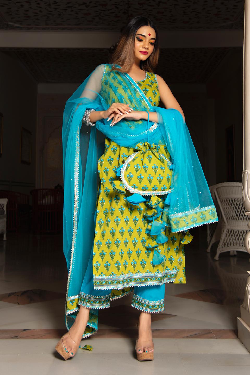 gulzar-blue-hand-block-cotton-suit-set-11403210GR, Women Indian Ethnic Clothing, Cotton Kurta Set Dupatta