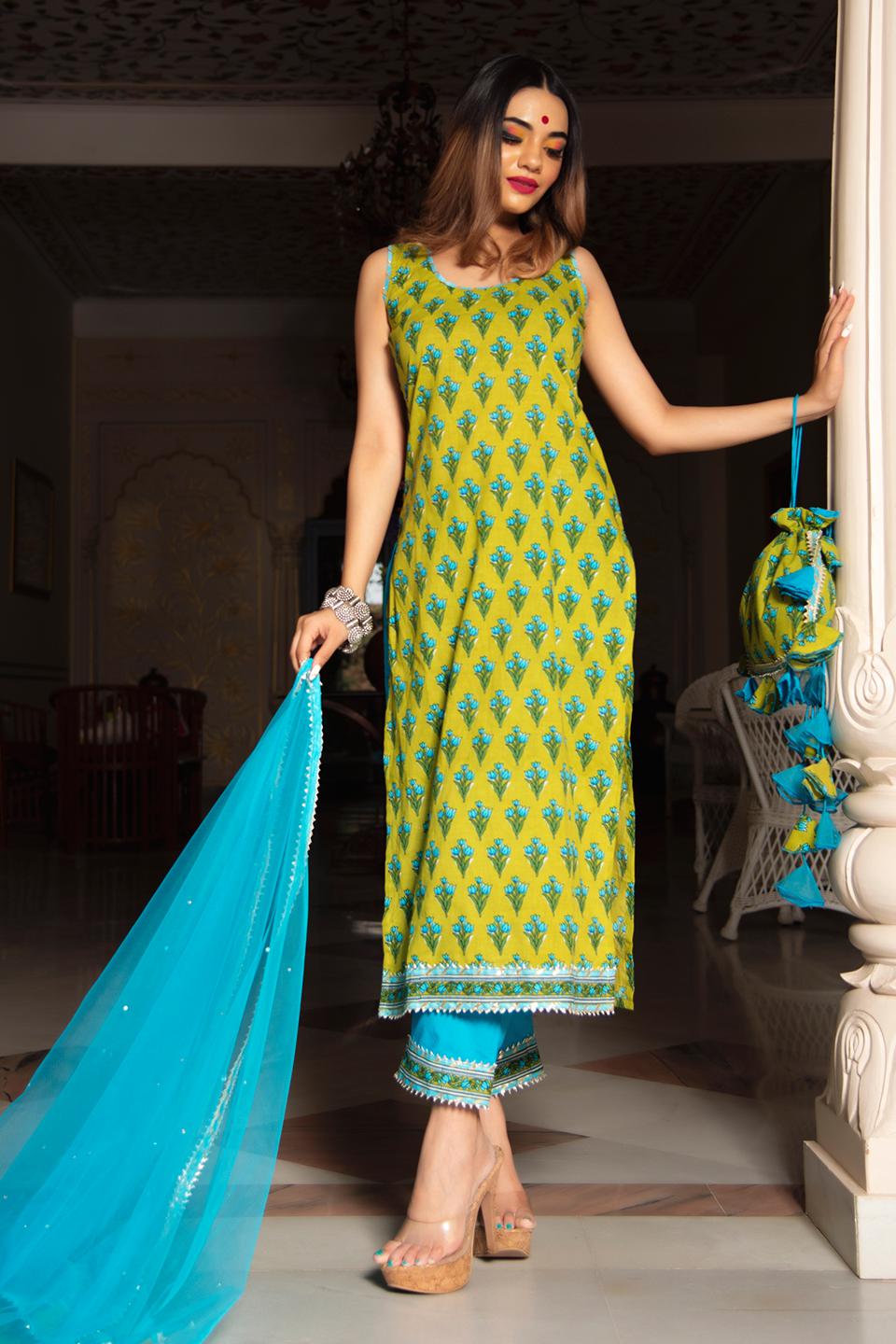 gulzar-blue-hand-block-cotton-suit-set-11403210GR, Women Indian Ethnic Clothing, Cotton Kurta Set Dupatta